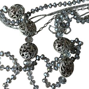 Vintage Silver Tone Beaded Art Deco Castlecore Long Necklace Filigree Ball